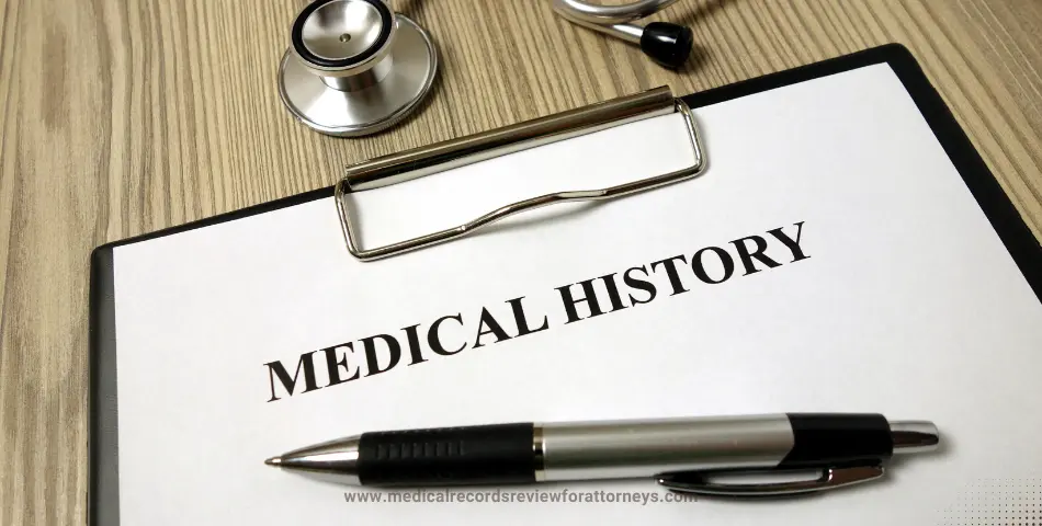 | Medical history document on clipboard with pen and stethoscope representing patient case summaries