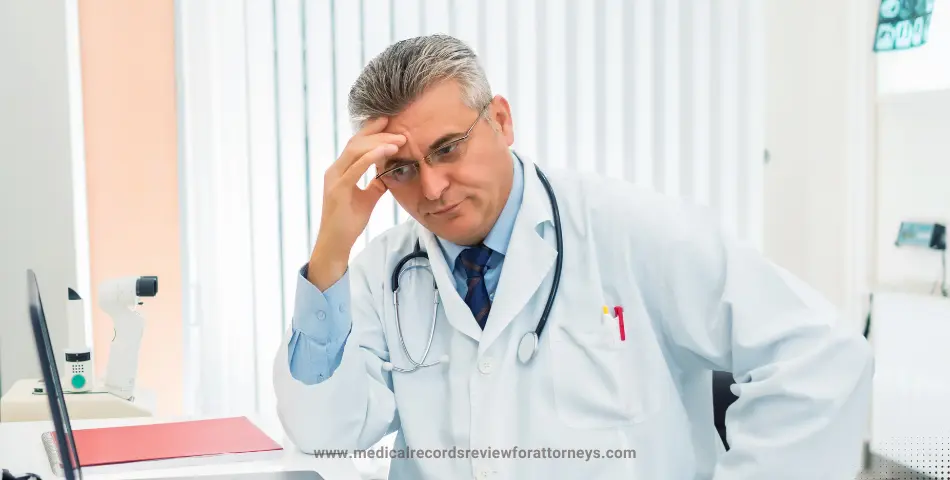 Male physician in lab coat sitting at desk with hand on temple, appearing concerned, illustrating physician malpractice cases