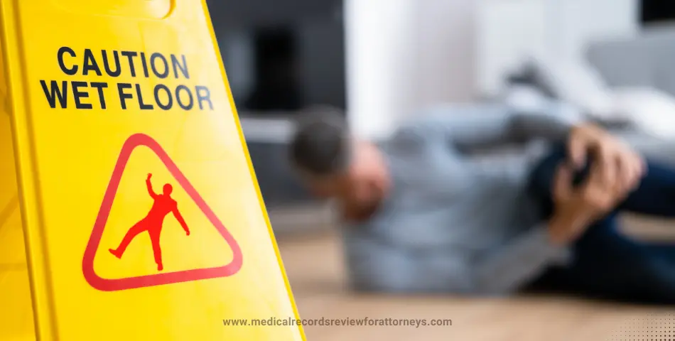 Wet floor sign with injured man holding knee representing slip and fall claims