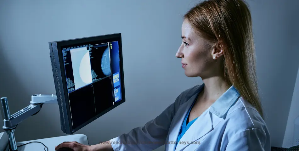 Medical professional reviewing mammogram images on computer representing teleradiology malpractice claims