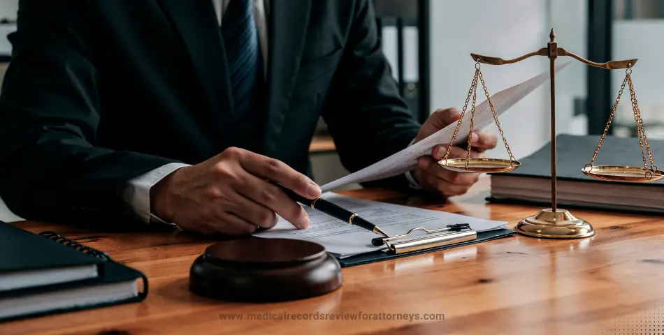 Lawyer reviewing legal documents with gavel and scales representing tort lawyers