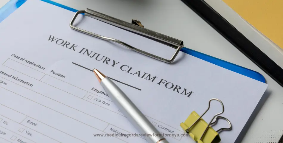 Work injury claim form on clipboard with pen representing workplace compensation claim