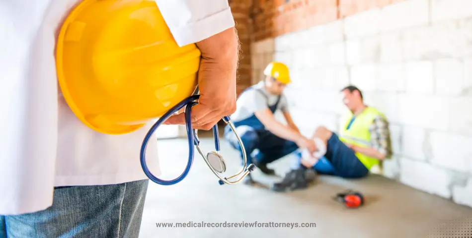 Construction worker injured at site being assisted by coworker representing workplace compensation