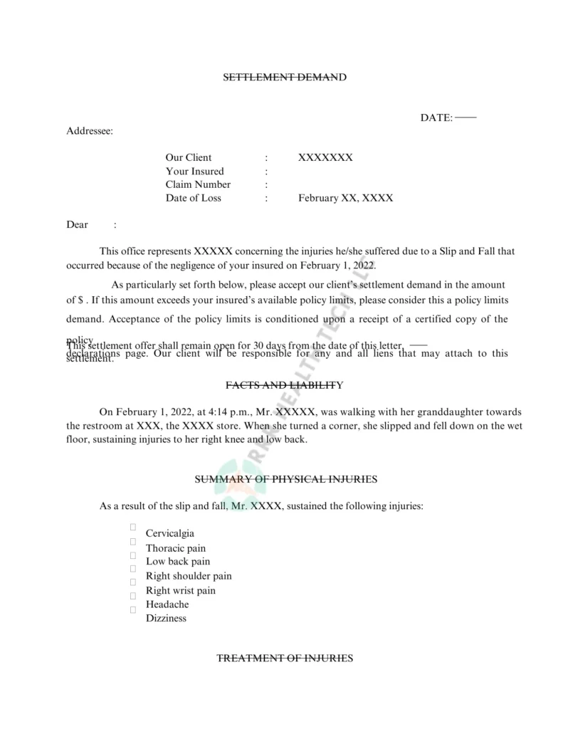 Sample of Settlement Demand Letter for Slip and Fall Cases