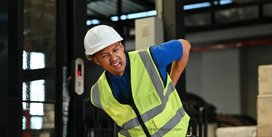 Worker in protective gear with back strain in warehouse representing workplace compensation claims