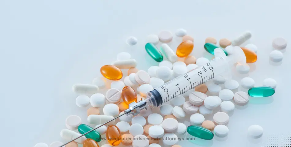 Syringe with assorted pills and capsules representing mass tort strategies in pharmaceutical cases
