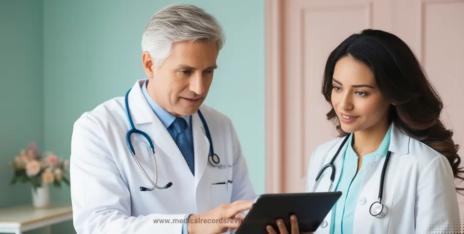 Two doctors reviewing patient information on tablet representing medical chart review companies
