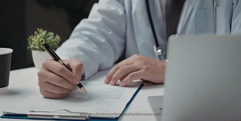 Doctor documenting patient information on form representing medical narrative report