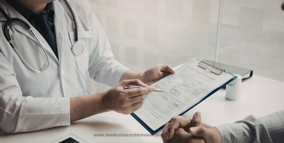 Doctor explaining medical forms to patient with clipboard representing outsourcing medical document review