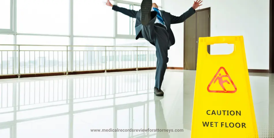 Person slipping on wet floor near warning sign illustrating slip and fall lawsuit