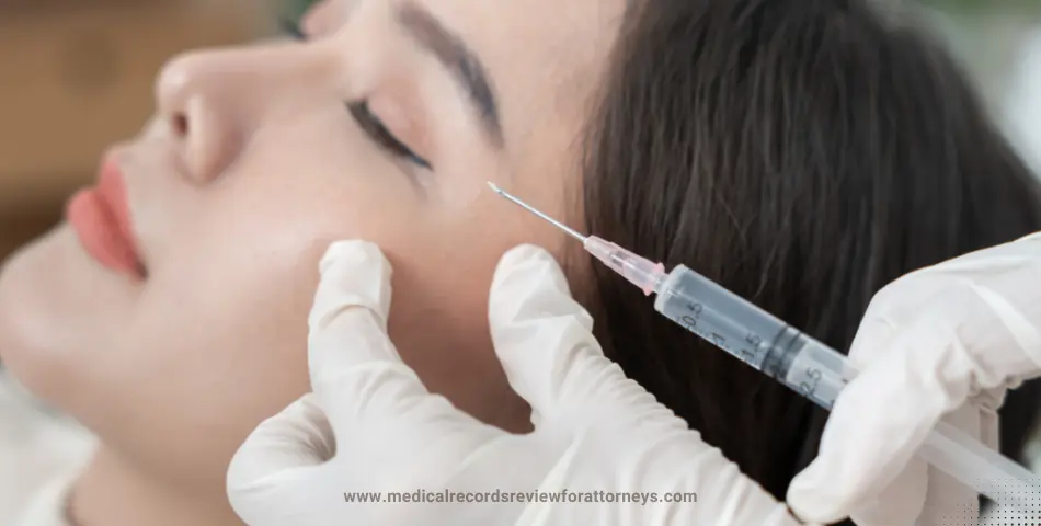 Woman receiving cosmetic injection near temple highlighting cosmetic surgery malpractice lawsuits.