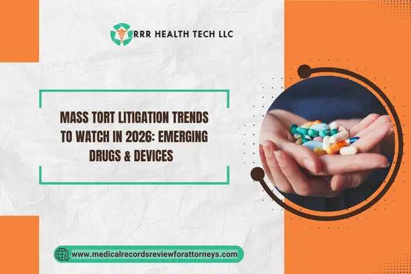 Visual promoting awareness of 2026 mass tort litigation trends related to innovative pharmaceuticals and medical devices.
