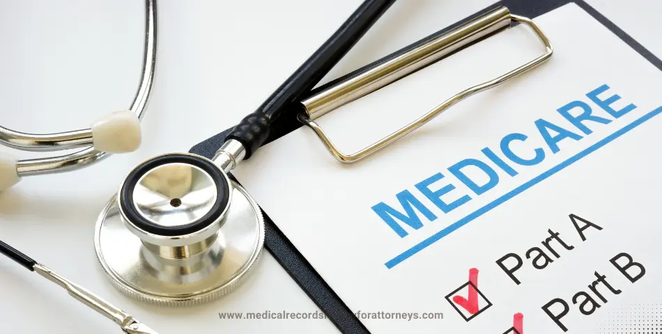 Stethoscope on clipboard with Medicare form showing Part A and Part B coverage for Medicare Secondary Payer (MSP) compliance.