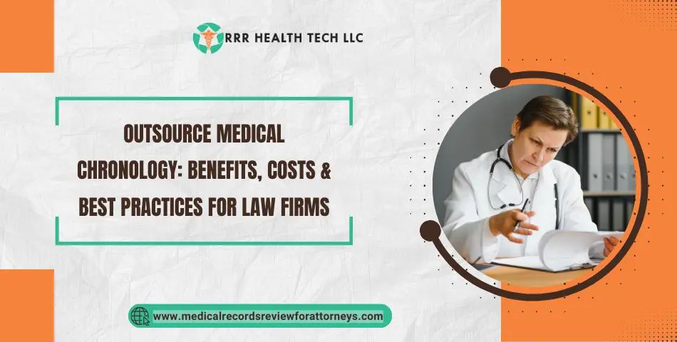 An image detailing how law firms can benefit from outsource medical chronology services and featuring a doctor