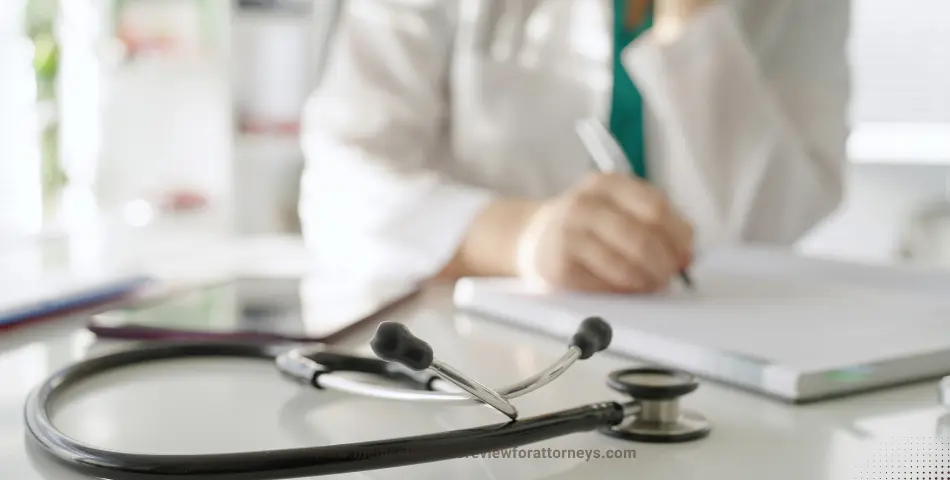 | Close-up of a stethoscope on a desk with a doctor writing chronology in the background represents outsource medical chronology benefits.