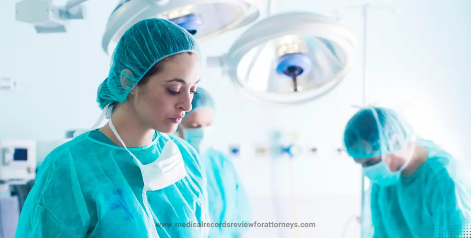Healthcare professionals dressed in protective surgical attire performing a procedure in a modern operating theater represents wrongful death claims.
