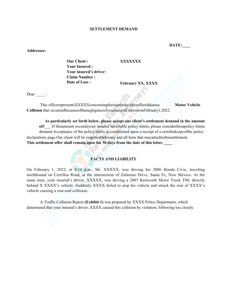 | Sample Demand Letter for Car Accident (Motor Vehicle Collision)